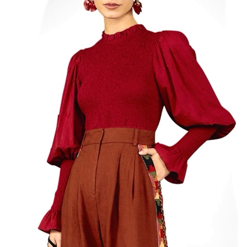 FARM RIO 3D Heart Red Smocked Classy Coquette Fitted Balloon Sleeve Blouse Top